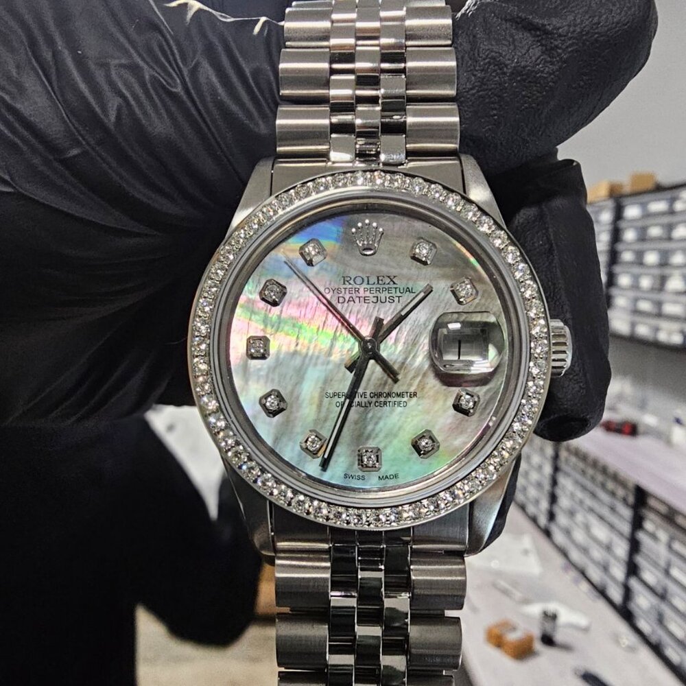 Rolex 36mm Datejust 16030 Black MOP Diamond jubilee steel